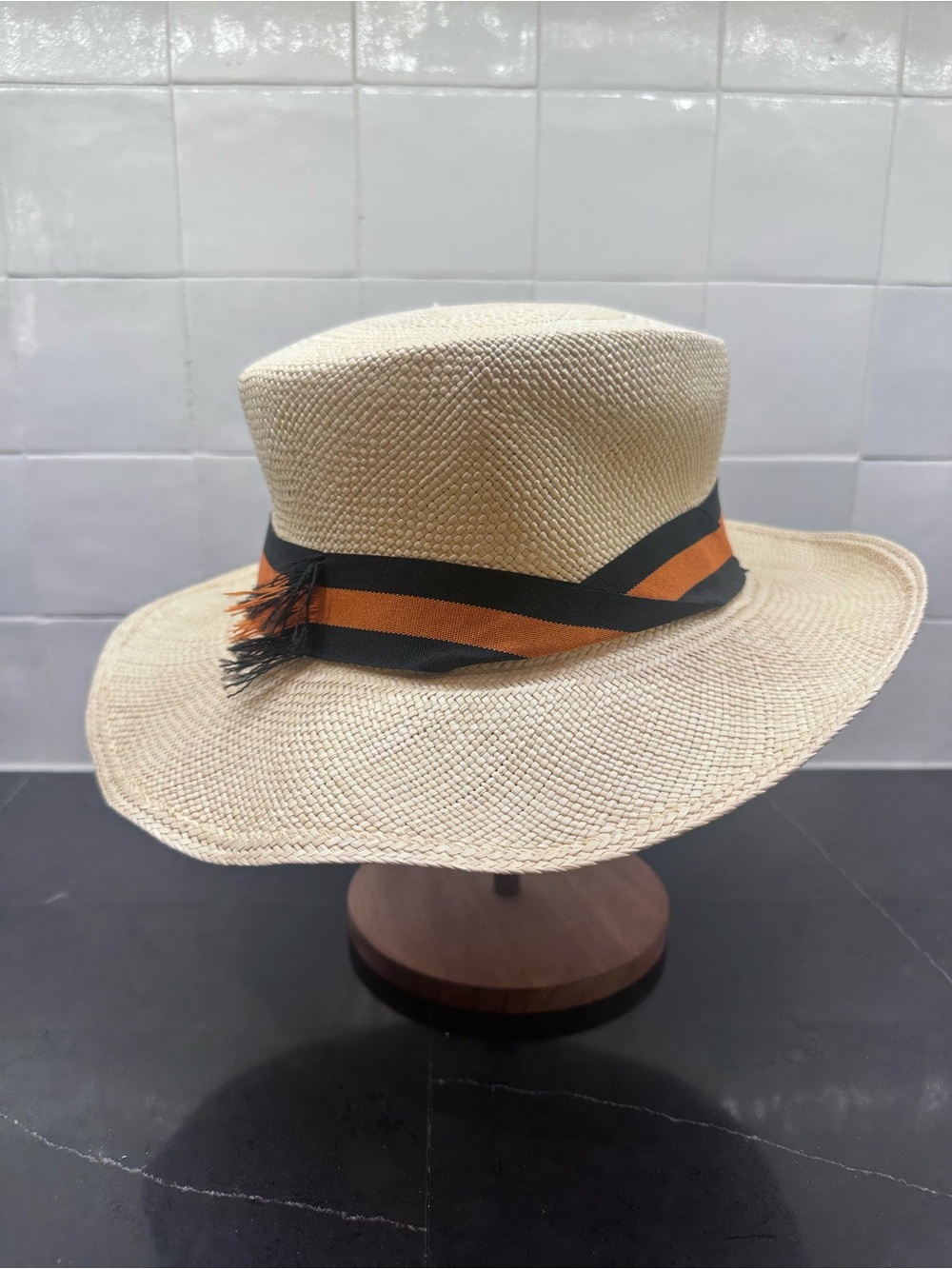 Sensi Studio Handmade Ecuador Panama Straw Hat Wide Brim Natural Black Orange